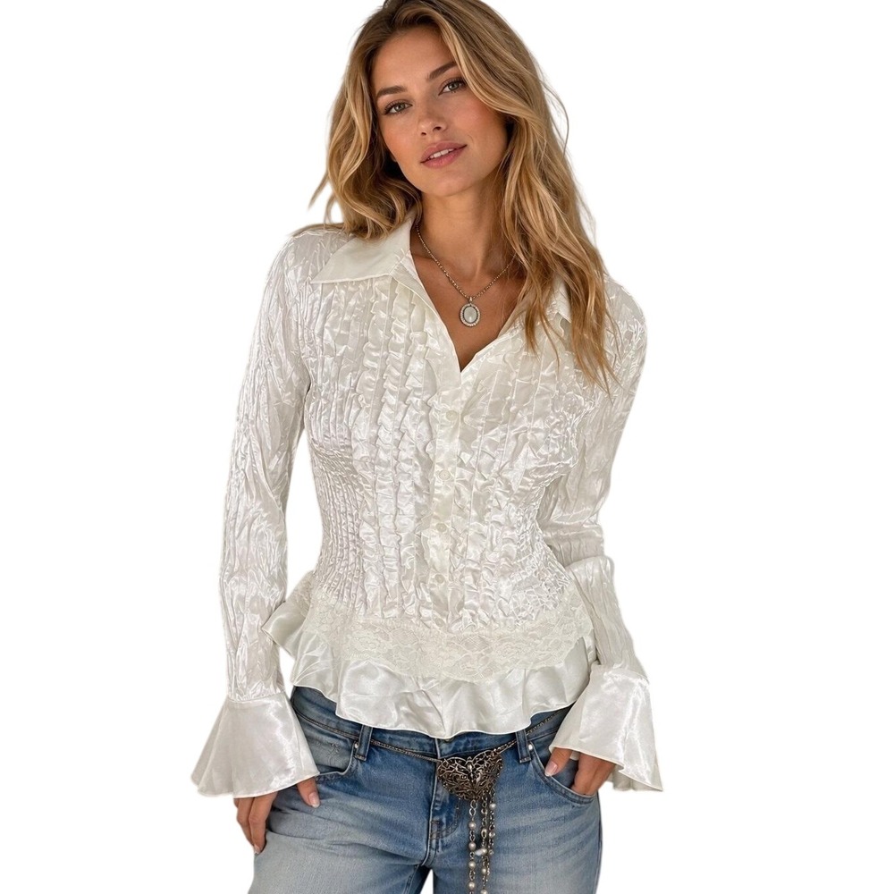 NWT Vtg Y2K  Allison Taylor White‎ Crinkled Ruffle Boho Whimsical  Blouse Top L
